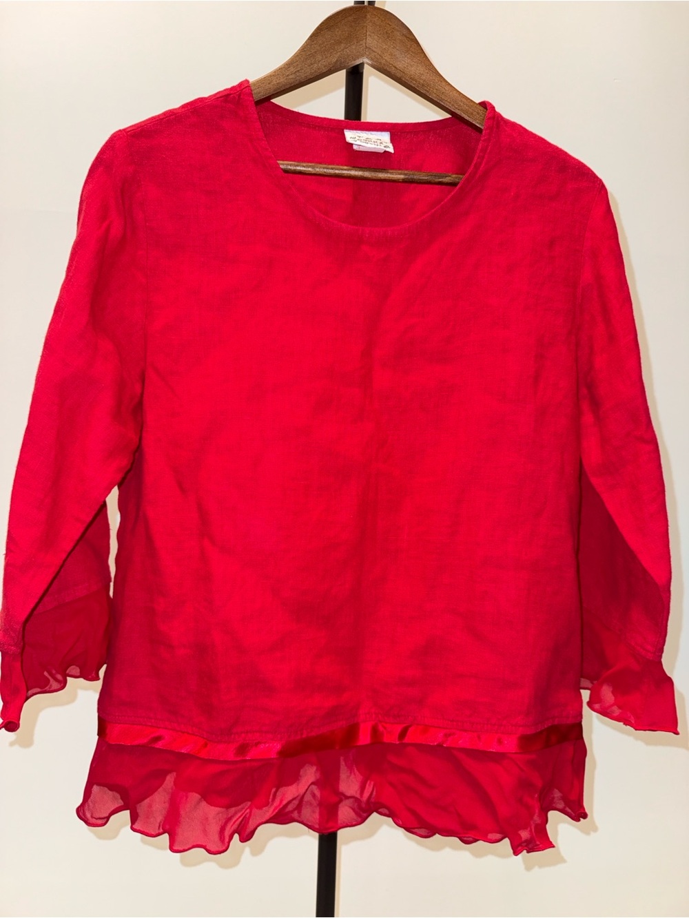 Vintage Donna Red 100% Linen Ruffle Satin Trim Blouse Made in USA | Size Small